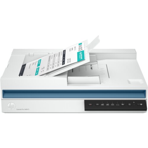 Biały skaner z niebieskim akcentem, na którym znajduje się dokument z widocznym napisem "INVOICE". Na obudowie skanera widoczne jest logo "HP" oraz napis "ScanJet Pro 3600 f1".