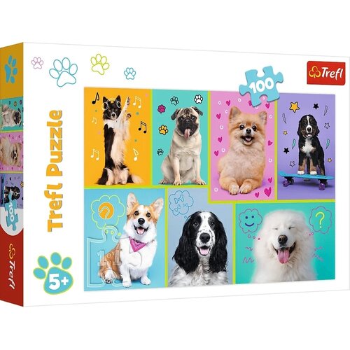 Pudełko puzzli przedstawia sześć kolorowych zdjęć psów na różnobarwnych tłach z motywami muzycznymi i graficznymi, z napisem "Trefl Puzzle" oraz oznaczeniem "100" elementów. W lewym górnym rogu znajduje się logo "Trefl", a w dolnym lewym rogu oznaczenie w