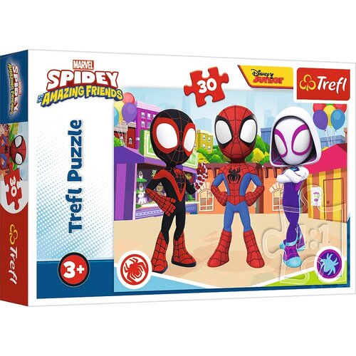 Opakowanie puzzli przedstawia trzech animowanych bohaterów w strojach superbohaterów na tle kolorowego miasta. Na opakowaniu widnieją napisy: "Marvel Spidey and His Amazing Friends", "30", "Disney Junior", "Trefl Puzzle", "3+" oraz logo Trefl.