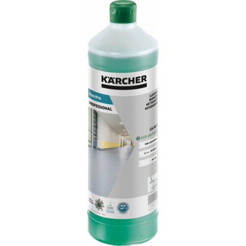 Zielona butelka z białą etykietą, na której widnieje logo "KÄRCHER" oraz napisy: "FloorPro", "PROFESSIONAL", "CLEANER", "REINIGER", "NETTOYANT", "DETERGENTS", "CA 50 C", "eco!perform", "1L = 200 m²", "pH 8.5". Na etykiecie znajduje się również zdjęcie kor