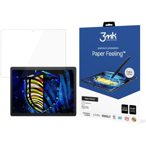 Opakowanie produktu "3mk Protection Paper Feeling" zawiera grafikę tabletu z rysikiem oraz tekst "premium protection Paper Feeling™ 2 pcs. included". Na opakowaniu znajdują się również ikony certyfikatów i nagród oraz napisy "Feels like PAPER" i "FIT-IN™ 