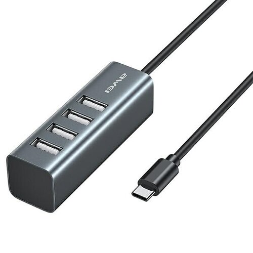 Na zdjęciu znajduje się hub USB w kolorze metalicznym z czterema portami USB i kablem zakończonym wtykiem USB typu C. Na obudowie huba widoczne jest logo "AWEI".