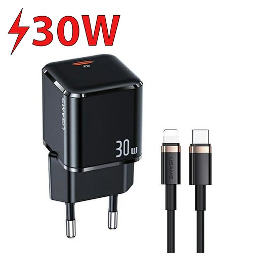 Ładowarka sieciowa USAMS T45 30W Czarny + kabel USB-C - Lightning