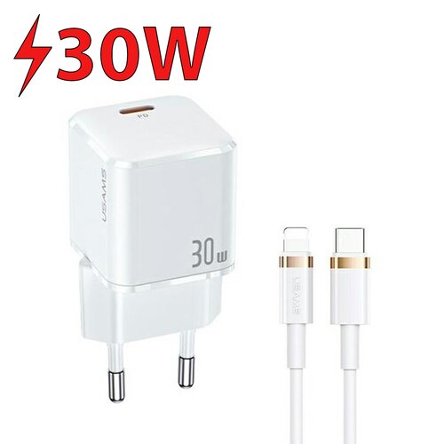Biała ładowarka sieciowa z napisem "USAMS" i oznaczeniem "30W" oraz kabel USB-C do Lightning z widocznymi końcówkami. Na zdjęciu znajduje się także duży, czerwony napis "30W" z symbolem błyskawicy.