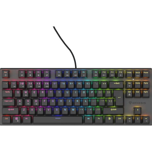 Czarna klawiatura mechaniczna z podświetleniem RGB, posiadająca klawisze funkcyjne od F1 do F12 oraz klawisze strzałek. Na klawiaturze widoczne jest logo "GENESIS".