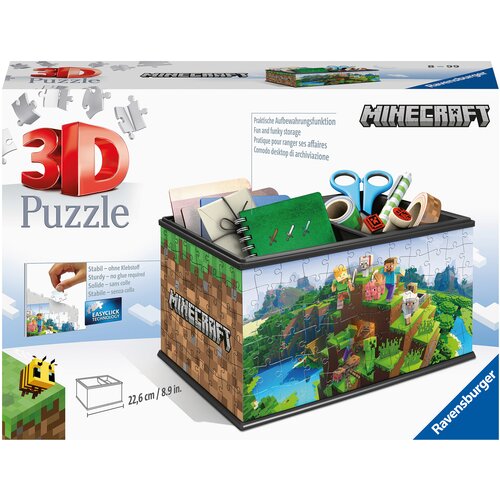 Pudełko przedstawia produkt "Puzzle 3D RAVENSBURGER Minecraft Szkatułka (223 elementy)" z grafiką z gry Minecraft, zawierające różne przedmioty biurowe. Na opakowaniu widnieją napisy: "3D Puzzle", "Stabil - ohne Klebstoff", "EASYCLICK TECHNOLOGY", "Prakti