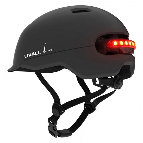 Czarny kask z lampką, z widocznym logo "LIVALL" oraz symbolem hulajnogi, posiada regulowane paski i czerwone światło z tyłu.