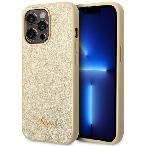Etui GUESS Glitter Flakes Metal Logo do Apple iPhone 14 Pro Złoty