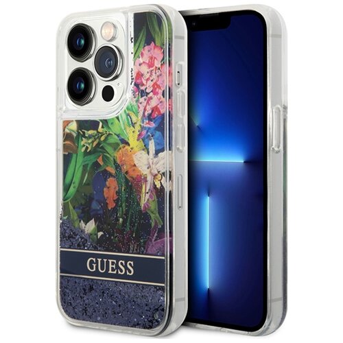 Etui GUESS Flower Liquid Glitter do Apple iPhone 14 Pro Niebieski