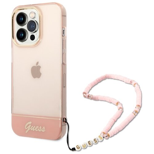 Przezroczysto-różowe etui na telefon z widocznym logo "Guess" na dolnej części, przeznaczone dla modelu Apple iPhone 14 Pro. Obok etui znajduje się różowy pasek z koralikami, na którym widnieje napis "GUESS".