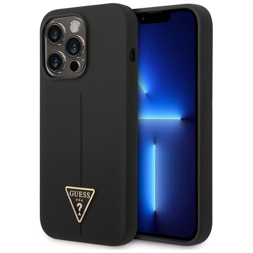 Czarne etui na telefon z widocznym logo w kształcie trójkąta z napisem "GUESS U.S.A." i znakiem zapytania. Obok etui znajduje się telefon z wyświetlaczem pokazującym niebieski wzór świetlny.