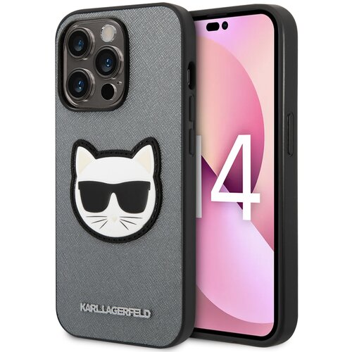 Etui KARL LAGERFELD Saffiano Choupette Head Patch do Apple iPhone 14 Pro Srebrny