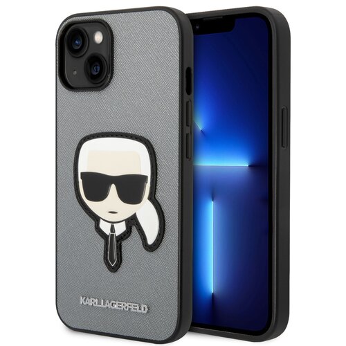 Etui KARL LAGERFELD Saffiano Karl s Head Patch do Apple iPhone 14 Srebrny