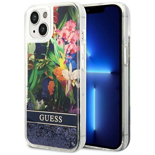 Etui GUESS Flower Liquid Glitter do Apple iPhone 14 Niebieski