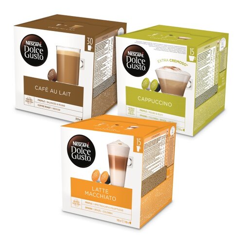 Kapsułki NESCAFÉ Dolce Gusto Cafe Au Lait + Kapsułki NESCAFÉ Dolce Gusto Latte Macchiato + Kapsułki NESCAFE Dolce Gusto Cappuccino