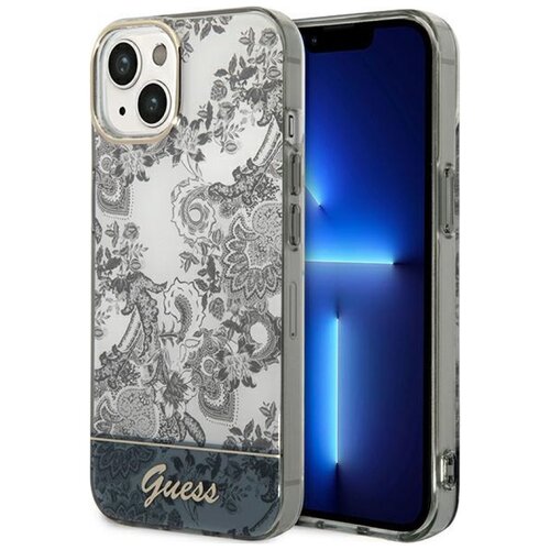 Etui na telefon z szarym, kwiatowym wzorem i przezroczystymi bokami, obok którego znajduje się telefon z niebieskim ekranem. Na dole etui widnieje napis "Guess".