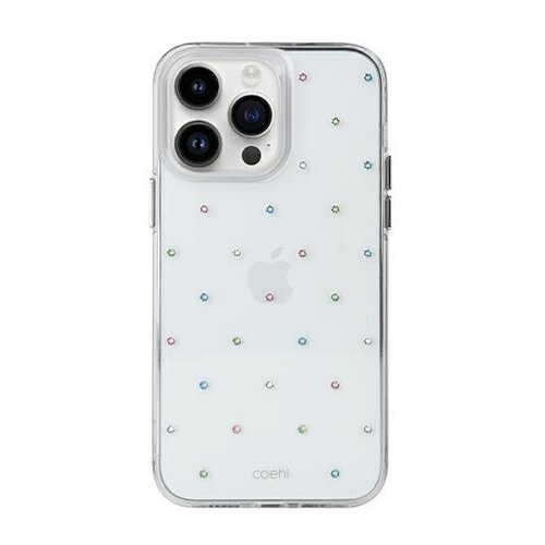 Etui na telefon jest przezroczyste, ozdobione małymi, kolorowymi kryształkami rozmieszczonymi równomiernie na całej powierzchni. Na środku widoczne jest logo w kształcie nadgryzionego jabłka, a na dole znajduje się napis "coehl".