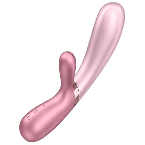 Różowy wibrator o ergonomicznym kształcie z dwoma ramionami, z których jedno jest dłuższe i zakrzywione. Na krótszym ramieniu znajdują się trzy symbole: dwie fale, termometr i ponownie fale.