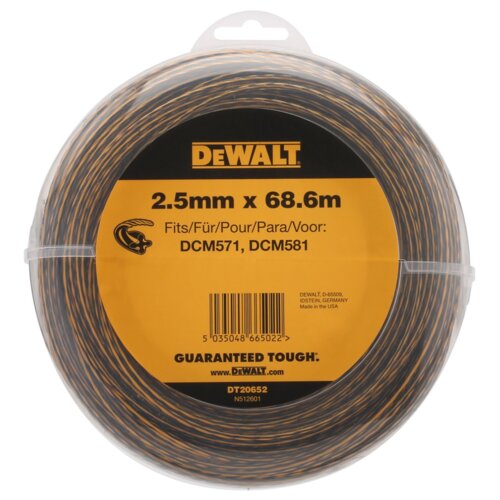 Okrągłe opakowanie z żyłką do kosy i podkaszarki, na którym widnieje logo "DEWALT" oraz napis "2.5mm x 68.6m". Dodatkowo znajdują się informacje: "Fits/Für/Pour/Para/Voor: DCM571, DCM581", kod kreskowy, "GUARANTEED TOUGH", "www.DEWALT.com", "DT20652", "DEWALT-D-66509, IDSTEIN, GERMANY, Made in the USA".