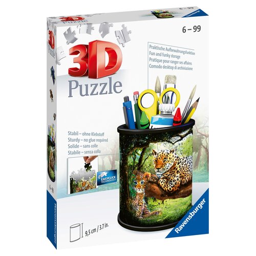 Pudełko z puzzlami 3D marki Ravensburger przedstawia przybornik z motywem dzikiej przyrody, na którym widoczne są dwa lamparty w zielonym otoczeniu. Na opakowaniu znajdują się napisy: "3D Puzzle", "Stabil – ohne Klebstoff", "Sturdy – no glue required", "S