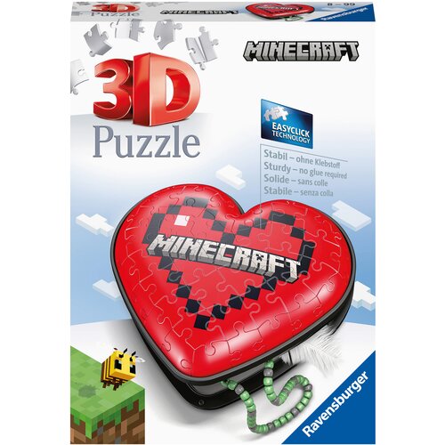 Opakowanie przedstawia czerwone serce z pikselowym wzorem i napisem "Minecraft", będące częścią puzzli 3D. Na opakowaniu widnieje logo "Ravensburger" oraz informacje o technologii "Easyclick" i braku potrzeby użycia kleju.
