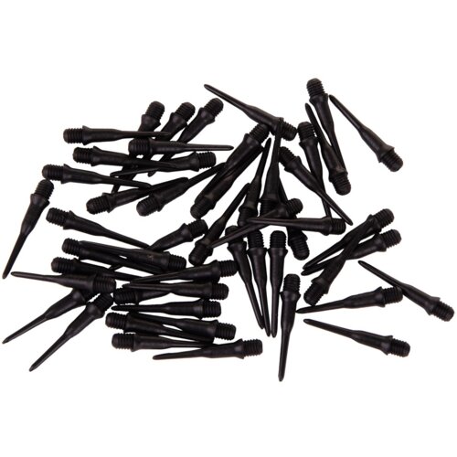 Czarne, plastikowe końcówki do rzutek z gwintem, rozrzucone w dużej ilości na białym tle. Produkt to "Końcówki do rzutek ENERO Dart Spare (50 szt.)".
