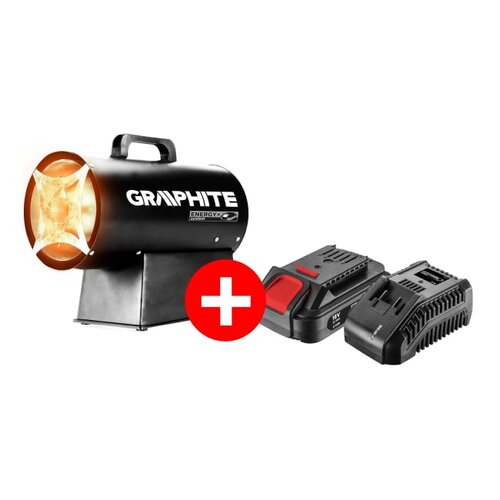 Nagrzewnica gazowa GRAPHITE 58GE100 + Ładowarka GRAPHITE 58G002 + Akumulator GRAPHITE Energy+ 58G001 2.0Ah 18V