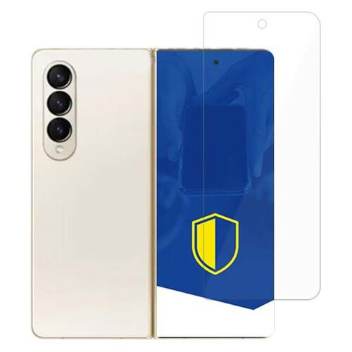 Na zdjęciu widoczny jest telefon z trzema obiektywami aparatu oraz przezroczyste szkło ochronne. Na ekranie telefonu znajduje się niebieski ekran z żółto-niebieską tarczą.