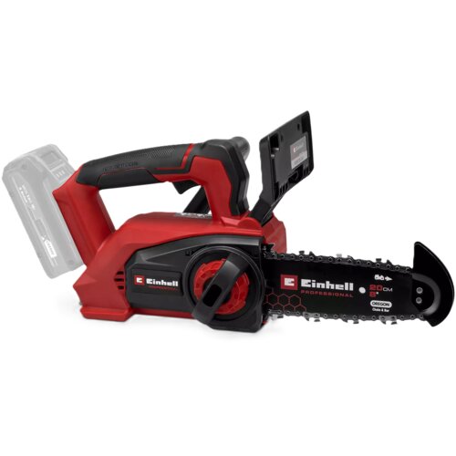 Czerwona piła łańcuchowa z czarnymi i szarymi elementami, z widocznym logo "Einhell Professional" na obudowie oraz napisem "20 CM" na prowadnicy. Produkt posiada ergonomiczny uchwyt i miejsce na akumulator, a na prowadnicy widnieje również logo "OREGON Ch