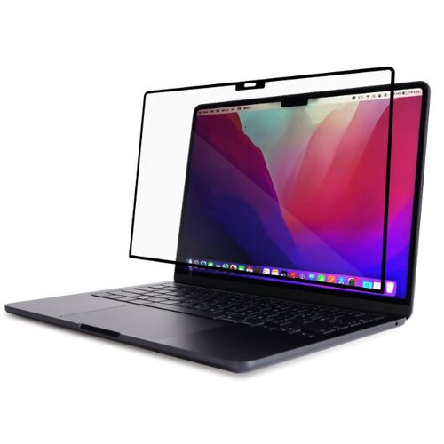 Na zdjęciu znajduje się laptop z nałożoną folią ochronną na ekranie, która jest częściowo przezroczysta i ma czarną ramkę. Ekran laptopa wyświetla kolorową tapetę z gradientem w odcieniach różu i fioletu.