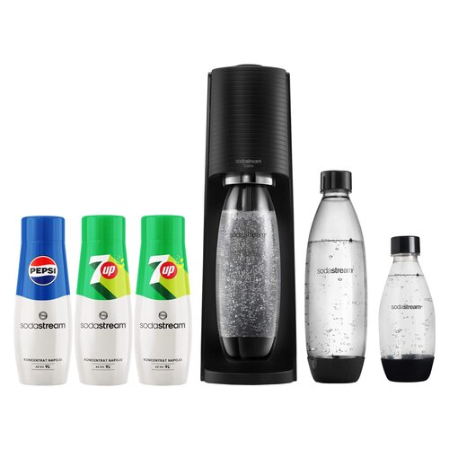 Saturator SODASTREAM Terra Czarny i Nabój SODASTREAM CO2 + Butelka SODASTREAM (3 szt.) + Syrop do saturatorów SODASTREAM 7UP 2 x 440 ml + Syrop do saturatorów SODASTREAM Pepsi 440 ml