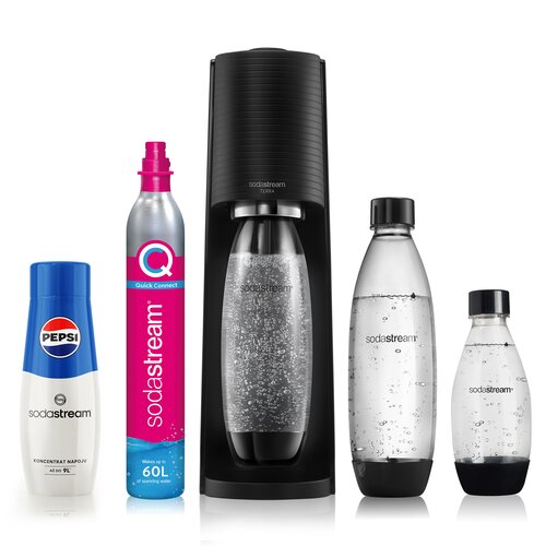 Saturator SODASTREAM Terra Czarny i Nabój SODASTREAM CO2 + Butelka SODASTREAM (3 szt.) + Syrop SODASTREAM Pepsi 440 ml