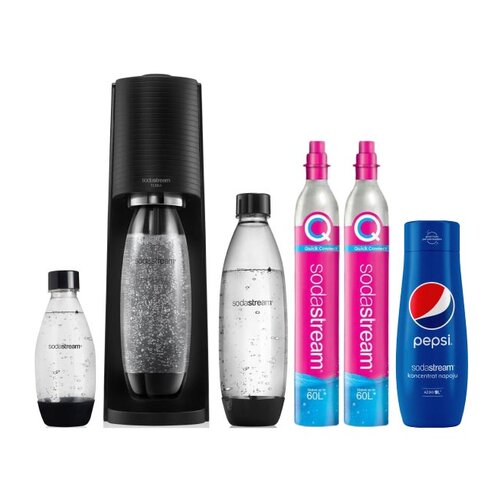 Saturator SODASTREAM Terra Czarny i Nabój SODASTREAM CO2 (2 szt.) + Butelka SODASTREAM (3 szt.) + Syrop SODASTREAM Pepsi 440 ml