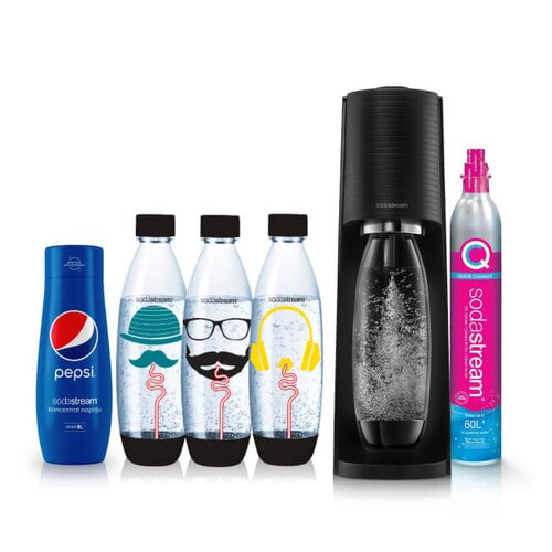 Saturator SODASTREAM Terra Czarny + Syrop Pepsi 440 ml + Butelka SODASTREAM Hipster (3 sztuki)