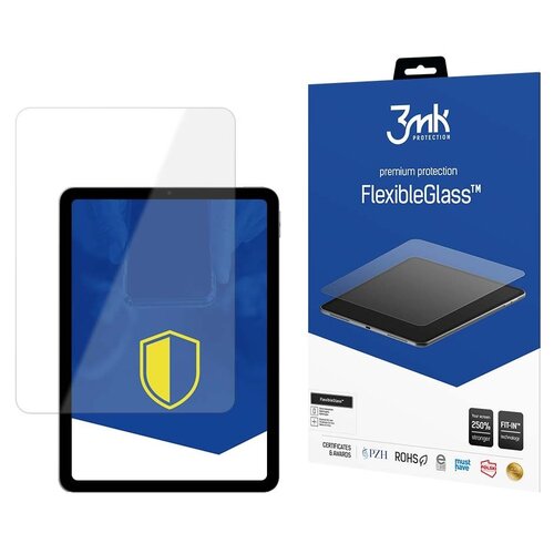 Opakowanie produktu "3mk Protection FlexibleGlass" do iPada 10.9 cala jest niebieskie z białymi napisami, a na nim widnieje grafika przedstawiająca szkło ochronne na tablecie. Obok opakowania znajduje się tablet z nałożonym szkłem, na ekranie którego wido