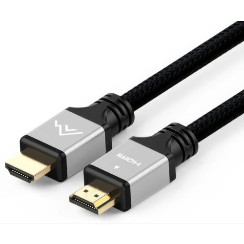 Na zdjęciu widoczny jest kabel HDMI z dwoma złączami, z których jedno ma oznaczenie "HDMI", a drugie posiada logo w kształcie litery "W". Kabel ma plecioną osłonę w kolorze czarnym.