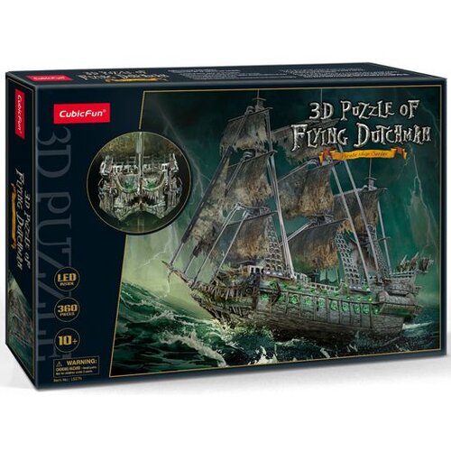 Pudełko przedstawia model statku "Flying Dutchman" w formie puzzli 3D z efektem LED, z grafiką statku na wzburzonym morzu. Na opakowaniu widnieje logo "CubicFun" oraz informacje: "360 pieces", "10+" i ostrzeżenie o małych elementach.