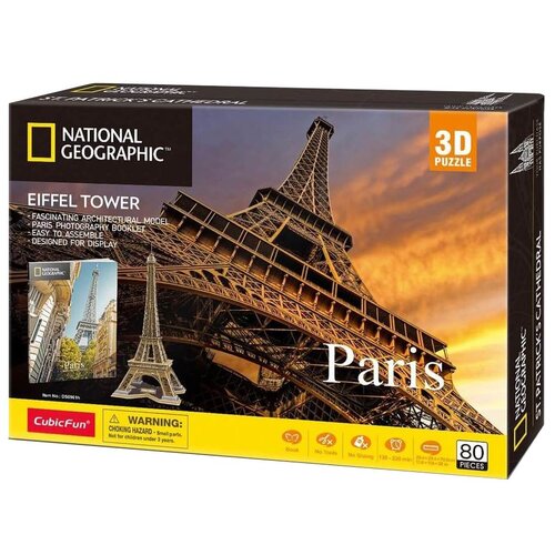Opakowanie puzzli 3D przedstawia Wieżę Eiffla na tle zachodzącego słońca, z widocznym logo National Geographic oraz napisem "Paris". Na dole opakowania znajduje się informacja o 80 elementach, logo CubicFun oraz ostrzeżenie o małych częściach.