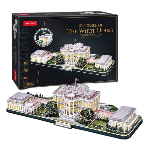 Pudełko przedstawia model 3D Białego Domu z napisem "3D PUZZLE OF THE WHITE HOUSE WASHINGTON D.C. USA" oraz logo "CubicFun". Na opakowaniu widnieją informacje: "LED", "151 PCS", "10+" i ostrzeżenie "WARNING: CHOKING HAZARD - Small parts. Not for children 