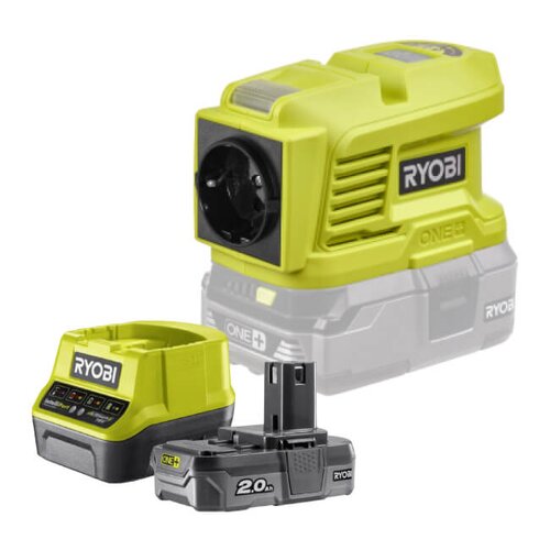 Przetwornica RYOBI One+ 18V/230V 150W/300W + Akumulator RYOBI ONE+ RC18120-120 2Ah 18V + ładowarka
