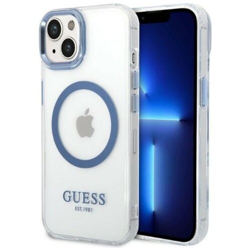 Przezroczysto-niebieskie etui na telefon z widocznym logo w kształcie jabłka oraz napisem "GUESS EST. 1981" na dole. Etui posiada okrągły wzór na środku, a w tle widoczny jest ekran telefonu z niebieskim motywem świetlnym.
