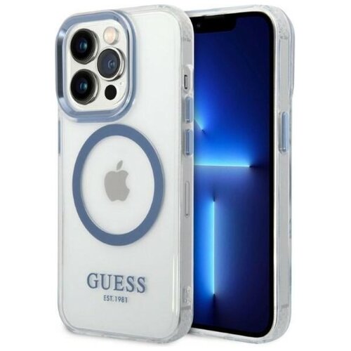 Etui GUESS Metal Outline MagSafe do Apple iPhone 14 Pro Przezroczysto-niebieski