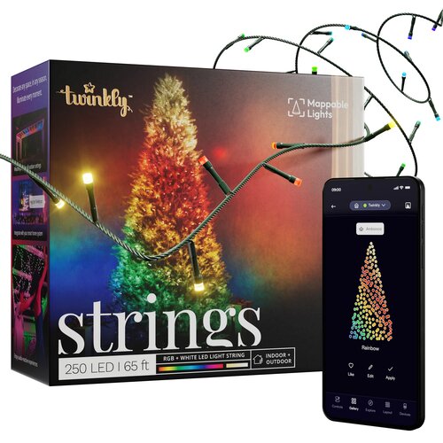 Pudełko z lampkami choinkowymi LED Twinkly, ozdobione zdjęciem kolorowo oświetlonej choinki, z widocznym napisem "strings" oraz informacjami "250 LED | 65 ft", "RGB + White LED Light String", "Indoor/Outdoor". Obok pudełka znajduje się smartfon z aplikacj