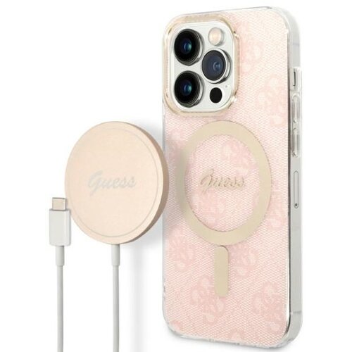 Etui GUESS 4G Print do Apple iPhone 14 Pro Różowy + Ładowarka MagSafe