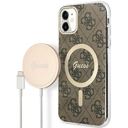 Etui GUESS 4G Print do Apple iPhone 11 Brązowy + Ładowarka MagSafe