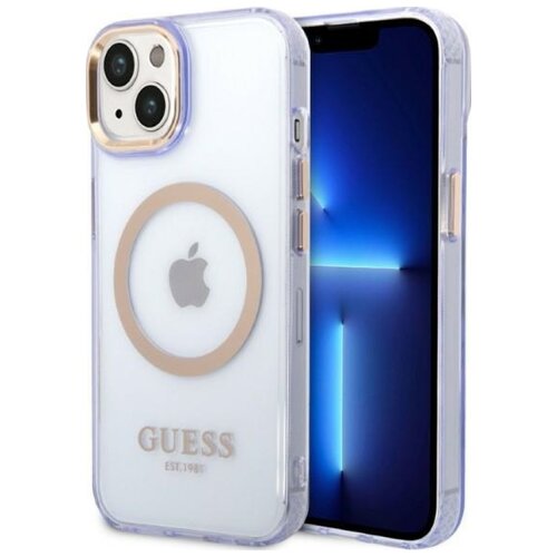 Etui GUESS Gold Outline Translucent MagSafe do Apple iPhone 14 Purpurowo-złoty