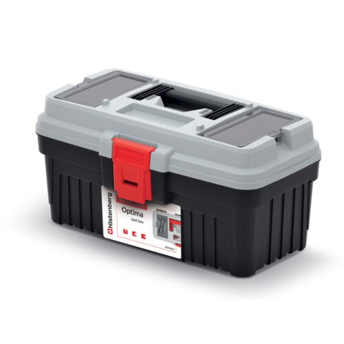 Czarna skrzynka narzędziowa z szarym wiekiem i czerwonym zapięciem, z widocznym logo "Kistenberg" oraz napisem "Optima tool box" na etykiecie. Na etykiecie znajdują się również ikony i oznaczenie "KOP4020-4C".