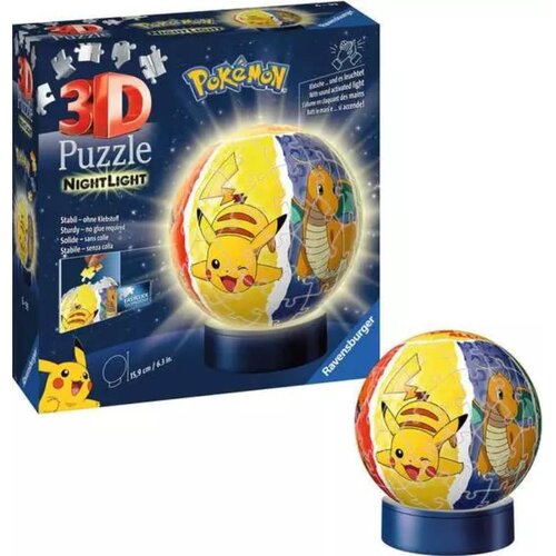 Opakowanie przedstawia produkt "3D Puzzle Night Light" z motywem Pokémon, z widocznymi postaciami Pikachu i Dragonite na żółto-niebieskiej kuli. Na opakowaniu znajdują się napisy: "Stabil - ohne Klebstoff", "Sturdy - no glue required", "Solide - sans coll