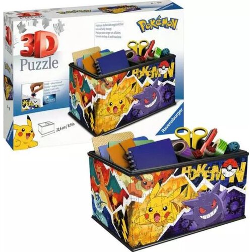Pudełko do przechowywania z motywem Pokemon, złożone z 216 elementów puzzli 3D, przedstawia kolorowe postacie z serii, takie jak Pikachu i Gengar. Na opakowaniu widnieje logo "Ravensburger" oraz napis "3D Puzzle", a także ilustracja gotowego produktu z ró