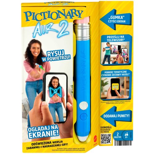 Opakowanie gry towarzyskiej "Pictionary Air 2" z widocznym niebieskim rysikiem i hasłami: "Rysuj w powietrzu!", "Oglądaj na ekranie!", "Odświeżona wersja zabawnej i nagradzanej gry!", "Gumka" czyści ekran, "Prześlij na telewizor!", "Pobierz tematyczne cyf